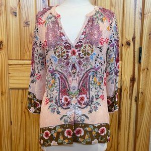 Bila semi sheer peasant top. Gold thread embroidery.